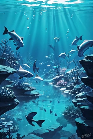 A serene backdrop of a large, majestic aquarium fills the frame, with the gentle glow of soft blue lighting casting a calming ambiance. The camera captures a stunning backview, showcasing the mesmerizing array of aquatic life in the distance. In the foreground, intricate details and masterful shadow effects bring the underwater world to life, as if gazing into an actual aquarium. The tranquil atmosphere is further enhanced by the peaceful environment, where the soothing colors of blue and the calming sounds of aquatic life create a sense of serenity.