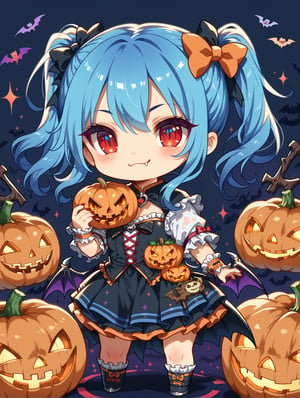 ((Chibi character)), vampire, masterpiece, highly detailed, 16K, HD, vibrant color, halloween_costume, cute_fang, chibi, detailed_background, funny, smile, twintails, blue hair, glowing red eyes, trick or treat,score_9, score_8_up, score_7_up,source_anime,BREAK,