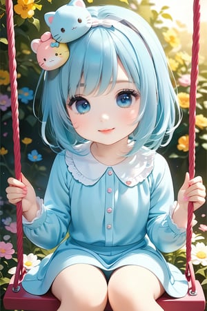 (best quality, highres), long bLUE hair, bow on head, girl, beautiful detailed eyes, beautiful detailed lips, long eyelashes, soft facial features, cute smile, looking at, flower garden background, sitting on a swing, vibrant colors, pleasant lighting, artistic rendering, (The cutest girl in the world:1.5),