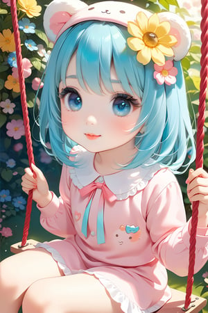 (best quality, highres), long bLUE hair, bow on head, girl, beautiful detailed eyes, beautiful detailed lips, long eyelashes, soft facial features, cute smile, looking at, flower garden background, sitting on a swing, vibrant colors, pleasant lighting, artistic rendering, (The cutest girl in the world:1.5),