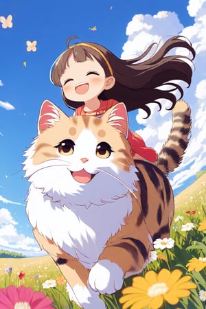 A joyful scene unfolds as a young girl with ahoge hair and closed eyes beams directly at the viewer. Her happiness is infectious, radiating from her bright smile. Against a blue sky with fluffy clouds, she rides a massive cat that leaps into frame, its paws barely grazing the lush meadow grass. Vibrant flowers bloom around them, adding to the whimsical atmosphere. The camera captures this delightful moment from a low-angle point-of-view (POV), emphasizing the girl's exuberance and the cat's playful majesty.