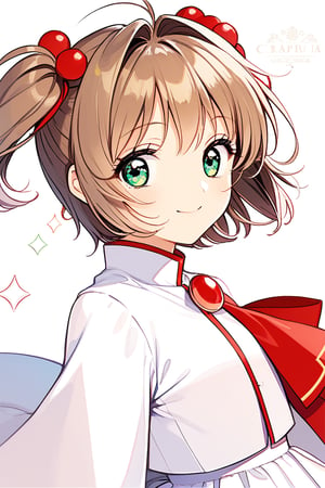 1girl, solo, looking at the audience, model pose, happy face, eyes with long and dense eyelashes (very bright and crystal clear), character name, text, Cardcaptor Sakura, antenna hair, brown hair, short hair, twintails, green eyes, hair bobbles, Mahou Shoujo uniform, white costume