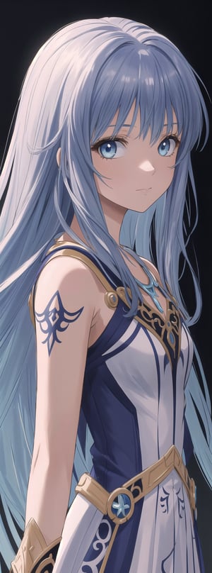 A very beautiful anime girl dressing a elegant dress, beautiful long blue hair, blue eyes, her dress is made by ink, looking at viewer, radiant gaze, (front view), upper body, close up, ink brushstrokes in background mastepiece quality, stunning image, colorful, Ink art style.