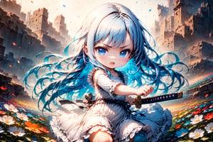 Masterpiece, beautiful chibi girl, very long hair, long light blue hair, blue eyes, white dress, happy, serious eyes, hand holding weapon, open mouth, fighting pose. The background is flower field, detailed texture, high image quality, high resolution, high precision, realism, color correction. , proper lighting settings, harmonious composition, Behance works,battoujutsu