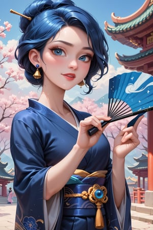 score_9, score_8_up, score_7_up, disney style, luna stellar, 1girl, absurd resolution, 8k, hd, ulzzang, lustry skin texture, blue hair, blue eyes, pale skin tone, realistic, an beautiful japanese girl. a mesmerizing beautiful japanese girl, majestic, kimono, holding fan, teasing, BREAK, rating_explicit, score_9_up,disney pixar style