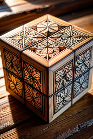 A close-up shot of a intricate, hand-drawn rubic's cube artwork, with delicate sketches and shading that convey complexity. The object sits on a worn wooden table, partially hidden by a faint shadow. Soft, warm lighting casts a gentle glow on the surface, highlighting the subtle textures and crevices.