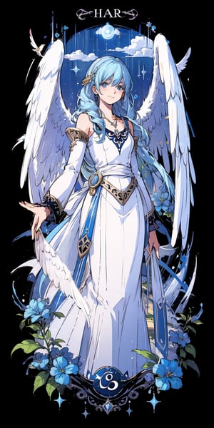 nodf_lora, Circle, angelreah, long blue hair, angel wings, white dress, detached sleeves, necklace, gentle smile, happy, long blue hair with blue eyes, high_resolution, masterpiece,tarot card background, bright,cloudstick, majestic