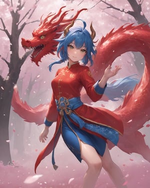 stylized inkpainting and digital anime painting, chinese dragon, 1dragon girl, long blue hair, wearing a cheongsam red armored dress, ray tracing, 8k, realistic, masterpiece, best quality,aesthetic,1dragon girl,dragon,,,,,(insane beautiful cherry blossom trees backgournd:1.4),(splash playing cherry blossom petals background:1.4)