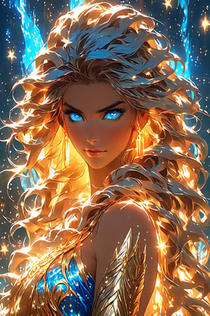 A stunning anime goddess stands majestically in a dramatic setting, her vibrant blue eyes sparkling like stars under the radiant light. Her flowing hair cascades down her back like a golden waterfall, illuminated by soft, warm rays that highlight every delicate strand. Every aspect of her full-body art is meticulously rendered in ultra-high definition, showcasing intricate details and fine textures. Her serene expression exudes an air of nostalgia as she gazes out into the distance, her eyes shining with an otherworldly intensity.