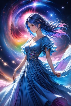 anime girl, masterpiece, high quality realistic, realistic aesthetic photo, beautiful face, sharp forcus, vibrant colors, galaxy of background, (half body), rainbow-color, elegance, passion, fairy, beautiful girl, long blue hair, long dress, wind, dancing