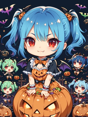 ((Chibi character)), vampire, masterpiece, highly detailed, 16K, HD, vibrant color, halloween_costume, cute_fang, chibi, detailed_background, funny, smile, twintails, blue hair, glowing red eyes, trick or treat,score_9, score_8_up, score_7_up,source_anime,BREAK,