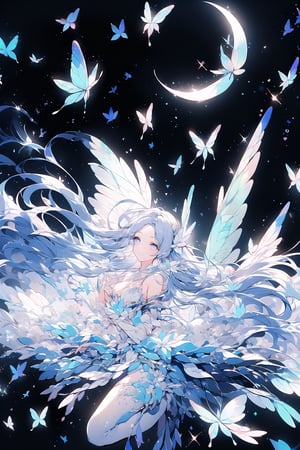 A dreamy scene unfolds: A lone girl floats serenely beneath a starry night sky's celestial canvas, crescent moon hanging like silver sickle. (half body), Camera pans out to reveal glowing butterflies dancing orbiting her, iridescent wings beating in unison, forming a radiant circle casting an otherworldly glow across the landscape. Majestic rainbow arcs in the distance, vibrant colors reflected in the girl's gentle smile gazing up at the celestial spectacle.,1 girl