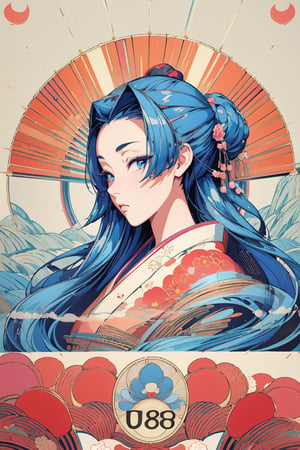 very clear and precise images, 1girl, kimono, very beautiful and excellent, arms at sides, (Japanese style), (art poster:1.4), (artistic background:1.4), (illustration:1.4), (masterpiece:1.3), ((top quality, 8k, ultra-detailed)), perfect anatomy, looking at viewer, long blue hair, blue eyes, caligraph