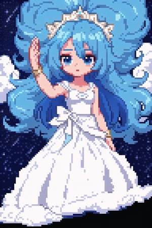 SelectiveColorStyle, light colors, Pixel art of a majestic goddess. Starry clouds background, Best quality, score_9, vivid colors, anime style, elegant, highly detailed, masterpiece, HD, reah, long blue hair, blue eyes, white dress,pixel art,pixelated