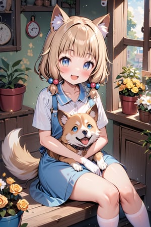 (masterpiece), sakura nene, 1girl, looking at viewer, blush, smile, short hair, open mouth, ((bangs)), blue eyes, blonde hair, brown hair, shirt, hair ornament, low twintails, , collarbone, :d, blunt bangs, hair bobbles ,

 , animal, white flower, shirt, animal ears, flower, collared shirt, , socks, , white socks, gloves, , apron,  sitting, , blush, ,tail, yellow flower, pink footwear, white shirt, animal ear fluff, , bird, kneehighs,, full body, skirt, rose, potted plant, , watering can, , shoes, blue skirt,

V-shraped eyebrows,
knees open sit, open legs,
knees away, korgi dog, dog between legs,
play with dog, dog looking a girl,
looking at dog, shot from front and below,

score_9,sakura nene,score_8_up,Details,mona,Detailed Masterpiece,nekomimimeganekao