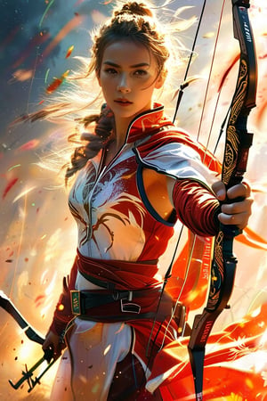 realistic, beautiful, elemental, magic, 1girl, majestic, holding bow, olympic, sports, archery, standing pose