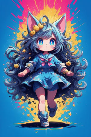 A Cat and pop-style anime illustration,featuring an extremely deformed,1Girl, glamorous girl in a sailor uniform. The cat has exaggerated, large blue eyes, blue long hair, sparkling with excitement and an over-the-top, cheerful expression. Her sailor uniform is brightly colored with bold, contrasting hues and glittering accents. She has voluminous, flowing hair adorned with cute accessories like bows and stars. The background is vibrant and busy,gloriaexe,txznf,scenery,ULTIMATE LOGO MAKER [XL],flat style
