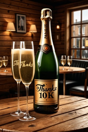 A photorealistic image of a bottle of Champagne with two glass on a wooden table in a cozy bar and the Text ((('Thanks for 10K'))),Text