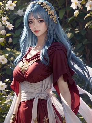8k, masterpiece, ultra-realistic, best quality, high resolution, high resolution, 1girl, solo, reah, blue hair, blue eyes, thin eyebrow, busty and sexy girl, standing gracefully, serene expression, flower garden background. reah, red scarf, red cloak, red dress, bracelet.
FLOWER headdress adorned with gold accents and pearls, FLOWER PATTERN KIMONO, gold embroidery and gemstones, flowing robe or gown,
COLORFUL SMOKE BACKGROUND, rich golds and glowing whites,
luxurious, elegant, detailed