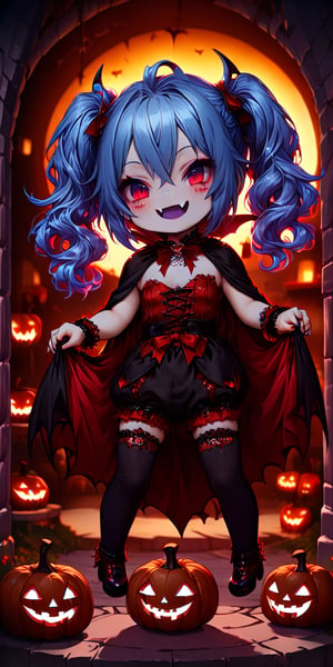 ((Chibi character)), vampire, masterpiece, highly detailed, 16K, HD, vibrant color, halloween_costume, cute_fang, chibi, detailed_background, funny, smile, twintails, blue hair, glowing red eyes, trick or treat