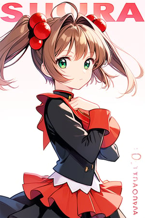 1girl, solo, looking at the audience, model pose, serious face, eyes with long and dense eyelashes (very bright and crystal clear), character name, text, Cardcaptor Sakura, antenna hair, brown hair, short hair, twintails, green eyes, hair bobbles, Mahou Shoujo uniform, black costume, zdyna_pose