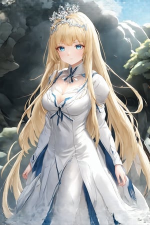 anime girl, 1girl, beautiful, majestic, masterpiece, elegant, high resolution, solo,Calca,Calca Bessarez,blonde hair, (extremely long hair:1.3), white tiara, medium breasts, blunt bangs,white dress, blue eyes