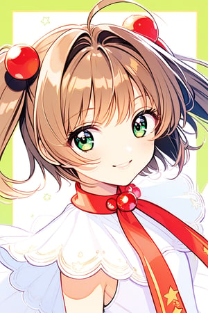 1girl, solo, looking at the audience, model pose, happy face, eyes with long and dense eyelashes (very bright and crystal clear), character name, text, Cardcaptor Sakura, antenna hair, brown hair, short hair, twintails, green eyes, hair bobbles, Mahou Shoujo uniform, white costume