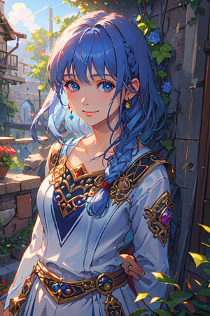 (masterpiece), best quality, high resolution, extremely detailed, detailed background, dynamic lighting, realistic, photorealistic, princess, reah, 1 girl, hands behind back, gentle smile, realistic, long blue hair, braid, facing viewer, 