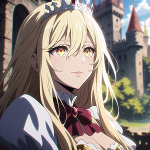 anime, anime style, niji6 style, by nijijourney, 1girl, queen, white tiara, elegant hair, blonde hair, pride, golden eyes, majestic, looking straight up, 
gentle smile, elegant hair, majestic, upper body, breasts, blurry, queen uniform, white gown, cleavage, frills, sidelocks, hair between eyes, castle, daylight, blurry background, portrait, outdoors, large breasts, depth of field, puffy sleeves, glowing, colored skin, lips, shaded, light particle, light theme, masterpiece, best quality, highres, 4k, 8k, intricate detail, cinematic lighting, amazing quality, amazing shading, film grain, blurry foreground, vignetting chiaroscuro, chromatic aberration, backlighting, young female, detailed illustration, anime style, wallpaper, animification, anime coloring, fake screenshot, screencap, anime screencap