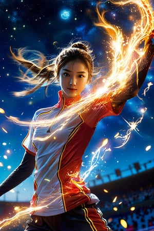 realistic, beautiful, elemental, magic, 1girl, majestic, night_sky, olympic, sports