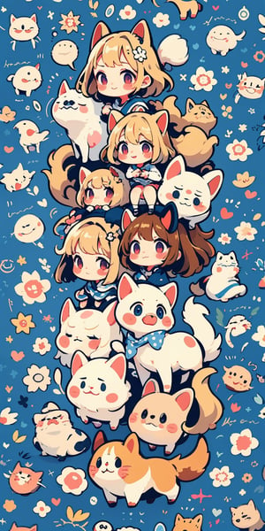 pattern_background, polka-dot, chibi girls, multiple girls, happy, cat, dog, pig, pink and blue background, high detailed, pattern_w4llpaper, simplecats