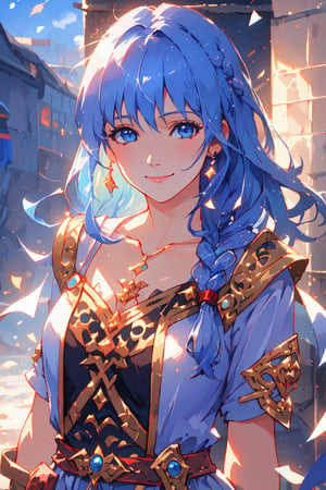 (masterpiece), best quality, high resolution, extremely detailed, detailed background, dynamic lighting, realistic, photorealistic, princess, reah, 1 girl, hands behind back, gentle smile, realistic, long blue hair, braid, facing viewer, ,Colors