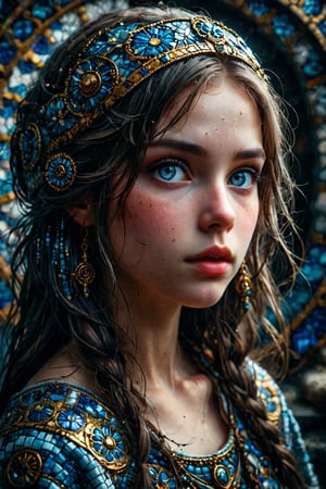 Byzantine Mosaics of a girl. (masterpiece, top quality, best quality, official art, beautiful and aesthetic:1.2), (1girl:1.4), portrait, anime style, blue eyes, blue long hair, extreme detailed, highest detailed, simple background, 16k, high resolution, perfect dynamic composition, bokeh, (sharp focus:1.2), super wide angle, high angle, high color contrast, medium shot, depth of field, blurry background,,itacstl,Details