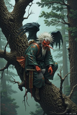 Tengu, traditional japanese yokai, yokai in misty mountain forest, long-nosed mask, fierce red face, stick like long nose, white hair and beard, wearing traditional yamabushi attire, large black wings, holding big fan, perched on ancient gnarled tree, surrounded by towering cedar trees,Midjourney_Whisper