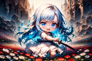 Masterpiece, beautiful chibi girl, very long hair, long light blue hair, blue eyes, white dress, happy, serious eyes, hand holding weapon, open mouth, fighting pose. The background is flower field, detailed texture, high image quality, high resolution, high precision, realism, color correction. , proper lighting settings, harmonious composition, Behance works,battoujutsu