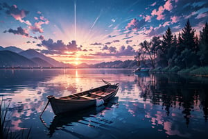panoramic view, highly detailed, panoramic photograph, panoramic shot, Create an image of a serene lakeside scene at sunset. The calm waters of the lake mirror the brilliant oranges, pinks, and purples of the sky as the sun dips below the horizon. Tall, slender reeds sway gently at the water's edge, and a wooden dock extends out into the lake, with an old rowboat tied to it. On the far side of the lake, dense forest surrounds the water, its silhouette dark against the colorful sky. A pair of swans glides gracefully across the water, leaving ripples in their wake. The atmosphere is peaceful and still, capturing the quiet beauty of nature at the end of the day.,1 girl