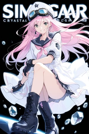 1girl, solo, looking at the audience, model pose, gentle smile, eyes with long and dense eyelashes (very bright and crystal clear), air gear, character name, text, Air Gear, black background, simca, grey eyes, pink hair, long hair, goggles, sailor dress, gloves, fingerless gloves, goggles on headwear, boots