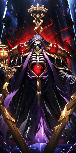 score_9, score_8_up, score_7_up, score_6_up, source_anime, best quality, masterpiece, colorful, very aesthetic, anime, BREAK   ainz ooal gown, skeleton, lich, dark robe, red dot eyes, overlord, so-bin style, teeth, hood, magic, enchanted, guild staff, golden staff  with snakes  and jewels,ainz ooal gown \(overlord\), Movie Poster, MoviePosterAF