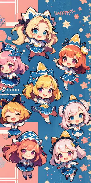 pattern_background, polka-dot, chibi girls, multiple girls, happy, pink and blue background, high detailed, pattern_w4llpaper