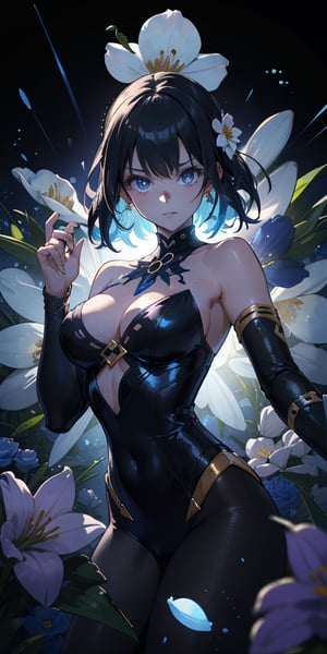 A majestic, highly detailed anime scene unfolds in stunning HD: a dark background serves as the canvas for a breathtakingly beautiful girl with jet-black hair. Her skin is adorned with vibrant, intricately designed flowers that radiate an otherworldly glow. As the camera zooms in on her face, the flowers' luminescence seems to pulse with an inner light, casting a mystical aura around her features. The atmosphere is charged with an air of mystique and creative mastery.