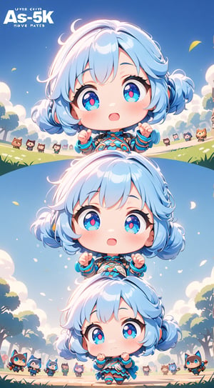 ((anime chibi style)), masterpiece, highly detailed, 16K, HD, cute with adorable eyes in the park, dynamic angle, hands up, 1girl, long blue hair, blue eyes, simplecats, as decorative text as 5K hover above, accompanied by the title, 1 girl,Text,chibi,cutechibiprofile
