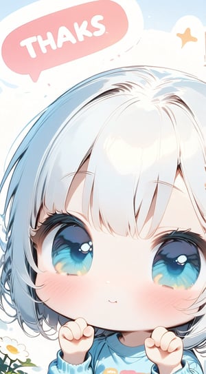 ((anime chibi style)), masterpiece, highly detailed, 16K, HD, cute with adorable eyes in the garden, dynamic angle, hands up, 1girl, long blue hair, blue eyes, simplecats, as decorative text as 5K Thanks for Support hover above, 1 girl, text "5K Thanks for Support" text.
, chibi, cutechibiprofile,Emote Chibi,Deformed