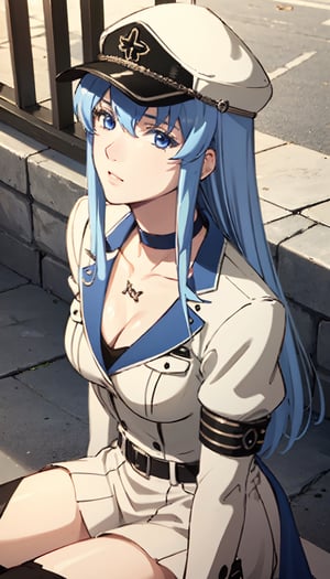 masterpiece, high_resolution, ultra realistic, outdoors, (hair ornament), reah, long blue hair, looking at viewer, perfect face, see through top, facing viewer, photorealistic, blue glows, sexy, 4K, 8k HD, high quality, portrait, boots, choker, cleavage, collarbone, hat, ice, military, military uniform, peaked cap, thigh boots, thighhighs, uniform, bracelet, portrait art, esdeath,perfect light