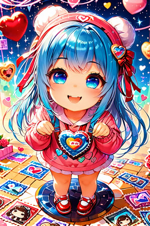 ((postage stamp)), illustration, chibi, cute, (girl from the 9th dimension). (incredible smile:1.4), (ultimately adorable:1.4), (incredibly adorable:1.4), (super kawaii:1.4), (masterpiece:1.4), highest quality, 16k, ultra-detailed, very clear and precise images, full body, perfect anatomy, valentine, blue hair, blue eyes