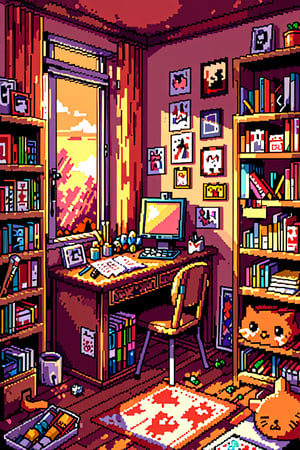 A pixel art scene of a bedroom with large windows overlooking the garden, bathed in warm pink and orange hues during sunset. The room is filled with various painting supplies and canvases on 
shelves, while a Cat sits at their desk surrounded by books and sketches, adding to the cozy atmosphere. In the background, you can see exotis garden outside, adding depth to the scene.,pixel art style