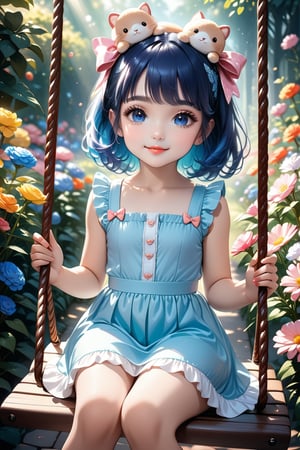 (best quality, highres), long bLUE hair, bow on head, girl, beautiful detailed eyes, beautiful detailed lips, long eyelashes, soft facial features, cute smile, looking at, flower garden background, sitting on a swing, vibrant colors, pleasant lighting, artistic rendering, (The cutest girl in the world:1.5),