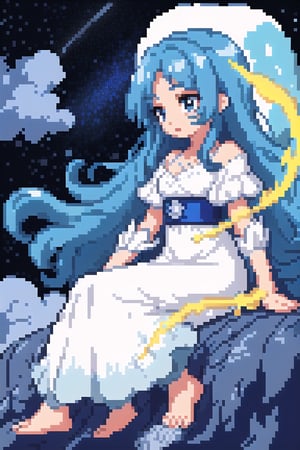 SelectiveColorStyle, light colors, Pixel art of a majestic goddess. Starry clouds background, Best quality, score_9, vivid colors, anime style, elegant, highly detailed, masterpiece, HD, reah, long blue hair, blue eyes, white dress,pixel art,pixelated