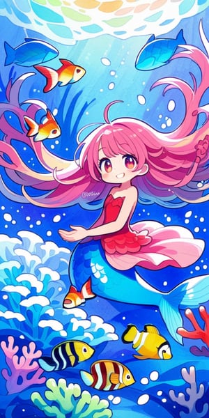 score_9, score_8_up, score_8, score_7_up, vibrant watercolor anime style. Gorgeous mermaid playing with other fish on the sea. She smiles charmingly as she holds a coral. A whimsical deep seat emerges out of a blue background