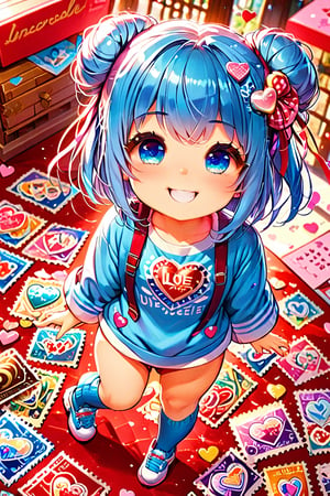 ((postage stamp)), illustration, chibi, cute, (girl from the 9th dimension). (incredible smile:1.4), (ultimately adorable:1.4), (incredibly adorable:1.4), (super kawaii:1.4), (masterpiece:1.4), highest quality, 16k, ultra-detailed, very clear and precise images, full body, perfect anatomy, valentine, blue hair, blue eyes