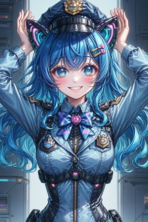 cowboy shot, idol smile, ultra Realistic anime, futuristic cyborg idol with cute mechanical cat ears, vibrant color palette, long blue hair, blue pupils, blue eyes, bow hairpins, blushing, shyness, blue bow tie, black police outfit, police hat, long sleeves, miniskirt, hands raised above the head
